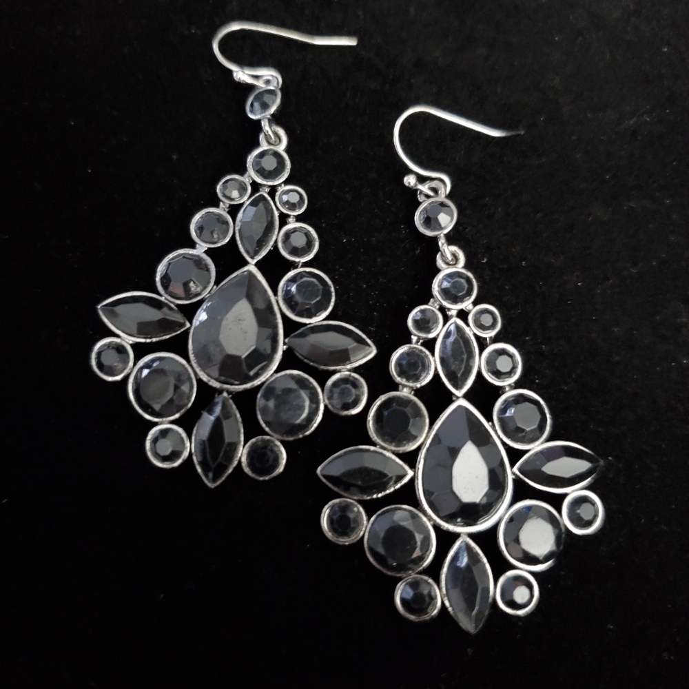 Glamourous Faceted Black Stones & Silver Chandelier Earrings Dangly Statement